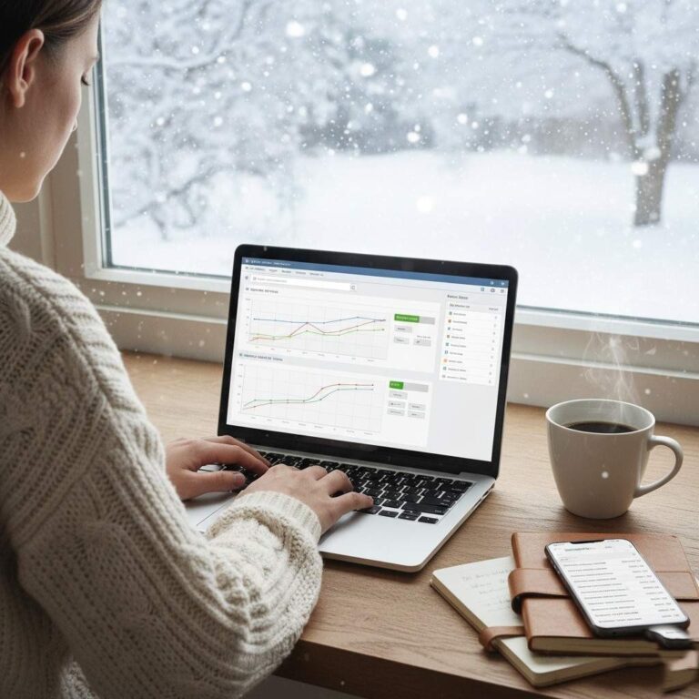 Digital marketer reviewing SEO analytics on a laptop during winter, with coffee and notes on the desk, symbolizing a winter SEO audit and strategy planning for 2025.
